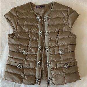 Glamourpuss Taupe Quilted Puffer Jewel-Embellished Vest S Lux +++